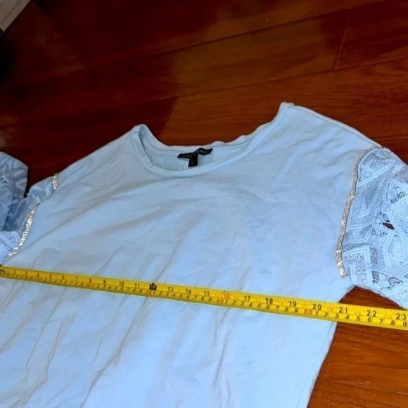 Embellished Lace Sleeve Sweatshirt Airy Blue by Boston proper S pullover stretch - Picture 4 of 10